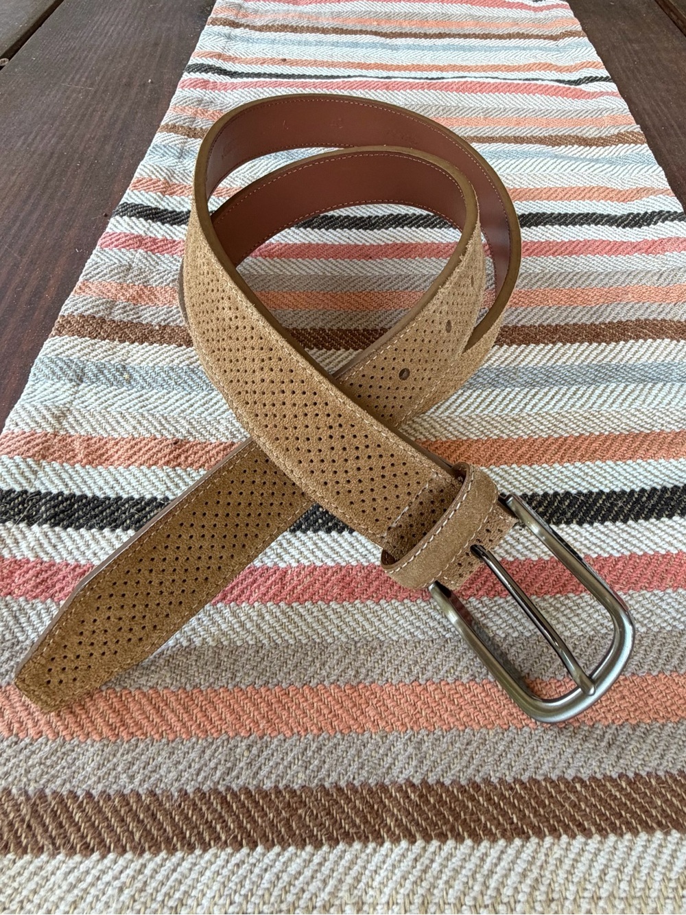 Johnston & Murphy Perforated Suede Belt in Tan with Silver Buckle Size 40